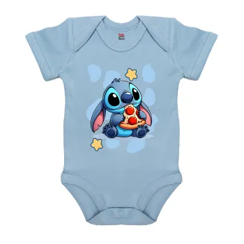 Stitch Pizza, Βρεφικό φορμάκι μωρού, 0-18 μηνών, Μπλε, 100% Organic Cotton, κοντομάνικο