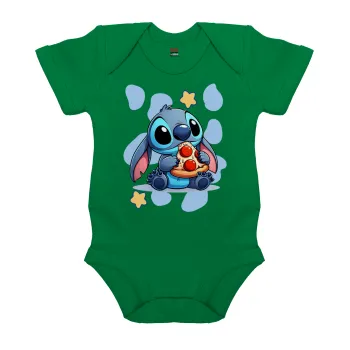 Stitch Pizza, Βρεφικό φορμάκι μωρού, ΠΡΑΣΙΝΟ, 100% Organic Cotton, κοντομάνικο