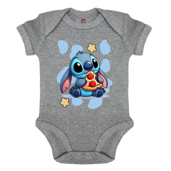 Stitch Pizza, Βρεφικό φορμάκι μωρού, 0-18 μηνών, ΓΚΡΙ ΜΕΛΑΝΖΕ, 100% Organic Cotton, κοντομάνικο