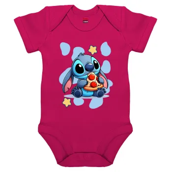 Stitch Pizza, Βρεφικό φορμάκι μωρού, 0-18 μηνών, ΡΟΖ, 100% Organic Cotton, κοντομάνικο