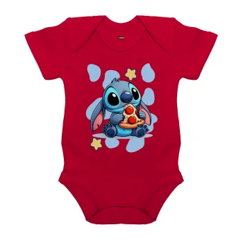 Stitch Pizza, Βρεφικό φορμάκι μωρού, ΚΟΚΚΙΝΟ, 100% Organic Cotton, κοντομάνικο