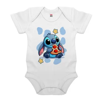 Stitch Pizza, Βρεφικό φορμάκι μωρού, 0-24 μηνών, ΛΕΥΚΟ, 100% Organic Cotton, κοντομάνικο