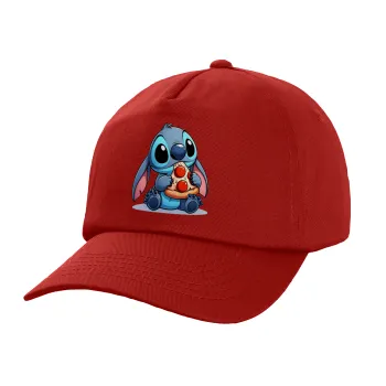 Stitch Pizza, Καπέλο παιδικό Baseball, 100% Βαμβακερό Twill, Κόκκινο (ΒΑΜΒΑΚΕΡΟ, ΠΑΙΔΙΚΟ, UNISEX, ONE SIZE)