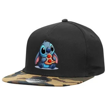 Stitch Pizza, Adult Flat Snapback Hat Black/Camouflage, (100% COTTON TWILL, ADULT, UNISEX, ONE SIZE)