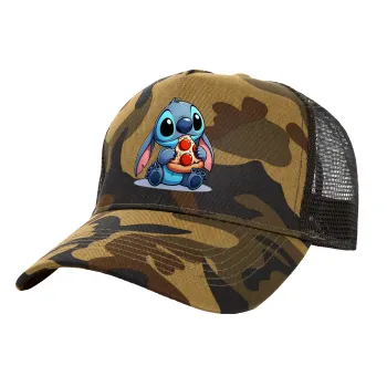 Stitch Pizza, Adult Structured Trucker Hat, with Mesh, (Camouflage) Army (100% COTTON, ADULT, UNISEX, ONE SIZE)