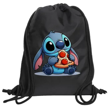 Stitch Pizza, Backpack pouch GYMBAG Black, with pocket (40x48cm) & thick cords