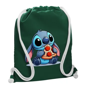 Stitch Pizza, Τσάντα πλάτης πουγκί GYMBAG BOTTLE GREEN, με τσέπη (40x48cm) & χονδρά λευκά κορδόνια