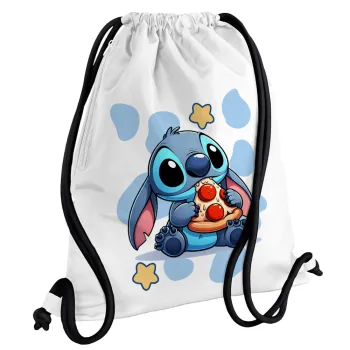 Stitch Pizza, Τσάντα πλάτης πουγκί GYMBAG λευκή, με τσέπη (40x48cm) & χονδρά κορδόνια