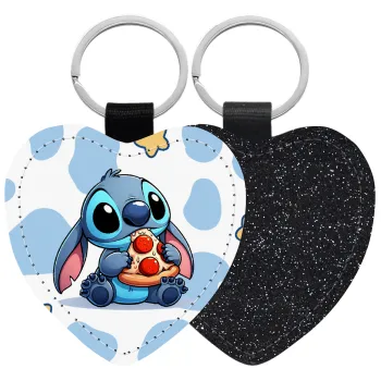 Stitch Pizza, Μπρελόκ PU δερμάτινο glitter καρδιά ΜΑΥΡΟ