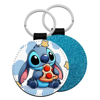 Stitch Pizza, Μπρελόκ Δερματίνη, στρογγυλό ΜΠΛΕ (5cm)