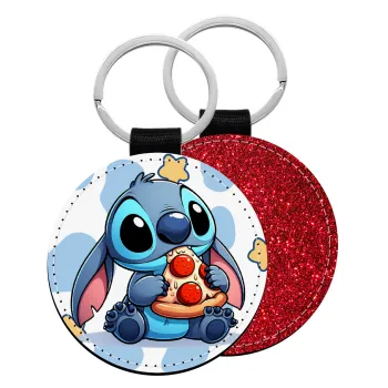 Stitch Pizza, Μπρελόκ Δερματίνη, στρογγυλό ΚΟΚΚΙΝΟ (5cm)