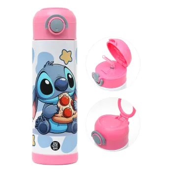 Stitch Pizza, Children's hot water bottle, stainless steel, with safety straw, PINK (500ml)