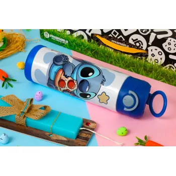 Stitch Pizza, Πασχαλινή Λαμπάδα με Παιδικό παγούρι θερμό, ανοξείδωτο, με καλαμάκι ασφαλείας, ΜΠΛΕ (500ml)