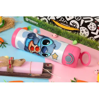 Stitch Pizza, Πασχαλινή Λαμπάδα με Παιδικό παγούρι θερμό, ανοξείδωτο, με καλαμάκι ασφαλείας, ΡΟΖ (500ml)
