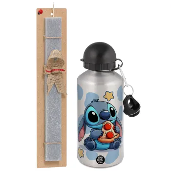 Stitch Pizza, Easter Set, metallic silver aluminum water bottle (500ml) & aromatic flat Easter candle (30cm) (GRAY)