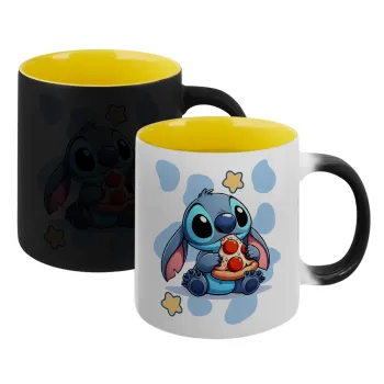 Stitch Pizza, Κούπα Μαγική εσωτερικό κίτρινη, κεραμική 330ml που αλλάζει χρώμα με το ζεστό ρόφημα