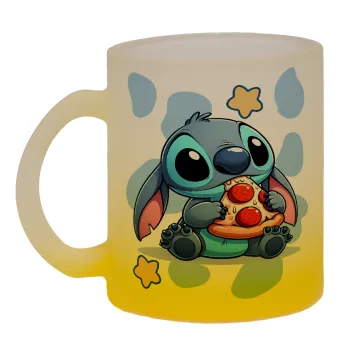 Stitch Pizza, Κούπα γυάλινη δίχρωμη με βάση το κίτρινο ματ, 330ml