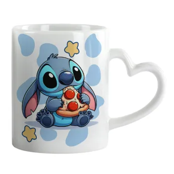Stitch Pizza, Κούπα καρδιά χερούλι λευκή, κεραμική, 330ml