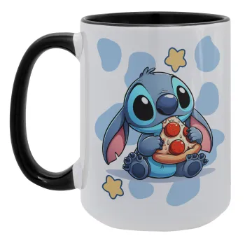 Stitch Pizza, Κούπα Mega 15oz, κεραμική Μαύρη, 450ml