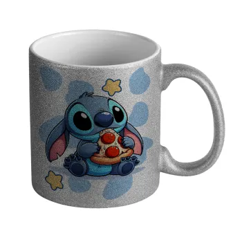 Stitch Pizza, Κούπα Ασημένια Glitter που γυαλίζει, κεραμική, 330ml