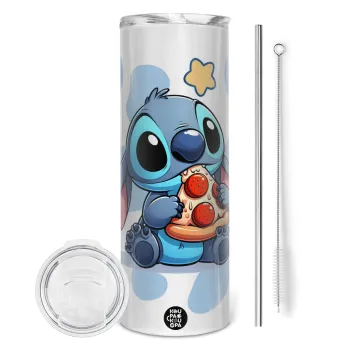 Stitch Pizza, Tumbler ποτήρι θερμό από ανοξείδωτο ατσάλι 600ml, με μεταλλικό καλαμάκι & βούρτσα καθαρισμού