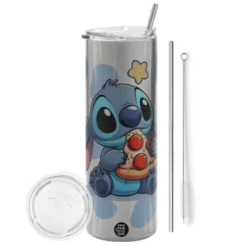 Stitch Pizza, Tumbler stainless steel Silver 600ml, with metal straw & cleaning brush