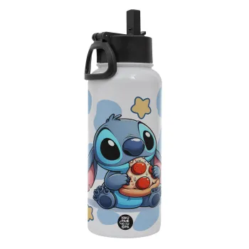 Stitch Pizza, Μεταλλικό παγούρι θερμός Λευκό με καλαμάκι και χερούλι (Stainless steel), διπλού τοιχώματος, 950ml