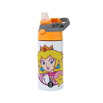 Princess Peach, Children's hot water bottle, stainless steel, with safety straw, Orange/Grey (360ml) BPA-FREE