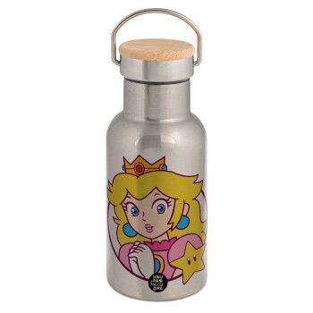 Princess Peach, Stainless steel metallic thermos flask, silver with a bamboo lid, double-walled, 350ml.