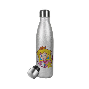 Princess Peach, Metallic Glitter Silver Thermos Flask (Stainless steel), double-walled, 500ml