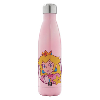 Princess Peach, Μεταλλικό παγούρι θερμός Ροζ Ιριδίζον (Stainless steel), διπλού τοιχώματος, 500ml