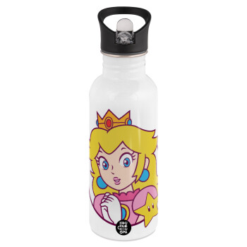 Princess Peach, Παγούρι νερού Λευκό με καλαμάκι, ανοξείδωτο ατσάλι 600ml