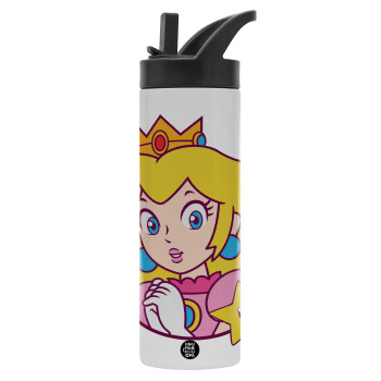 Princess Peach, Metallic thermos bottle with straw & handle, stainless steel (Stainless steel 304), double-walled, 600ml.