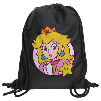 Princess Peach, Τσάντα πλάτης πουγκί GYMBAG Μαύρη, με τσέπη (40x48cm) & χονδρά κορδόνια