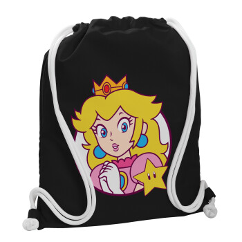 Princess Peach, Τσάντα πλάτης πουγκί GYMBAG Μαύρη, με τσέπη (40x48cm) & χονδρά λευκά κορδόνια