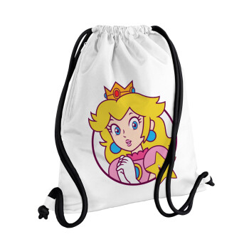 Princess Peach, Τσάντα πλάτης πουγκί GYMBAG λευκή, με τσέπη (40x48cm) & χονδρά κορδόνια