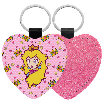 Princess Peach, Μπρελόκ PU δερμάτινο glitter καρδιά ΡΟΖ