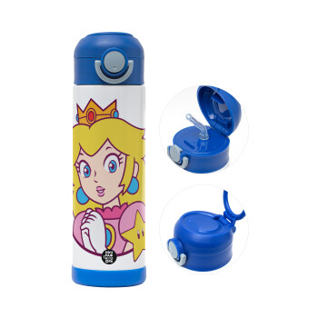Princess Peach, Children's hot water bottle, stainless steel, with safety straw, BLUE (500ml)