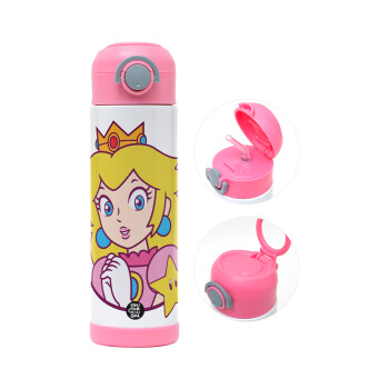 Princess Peach, Children's hot water bottle, stainless steel, with safety straw, PINK (500ml)