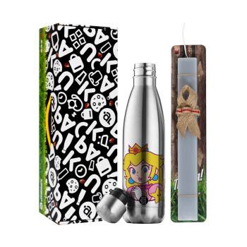 Princess Peach, Easter Set, metallic stainless thermos flask (500ml) & scented flat Easter candle (30cm) (GRAY)