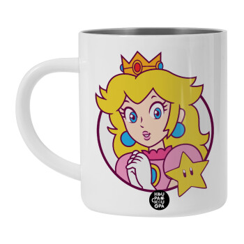 Princess Peach, Λευκή Ανοξείδωτη Μεταλλική Κούπα 450ml - Διπλού Τοιχώματος 