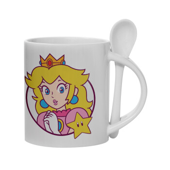 Princess Peach, Ceramic coffee mug with Spoon, 330ml (1pcs)