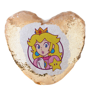 Princess Peach, Μαξιλάρι καναπέ καρδιά Μαγικό Χρυσό με πούλιες 40x40cm περιέχεται το  γέμισμα