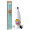 Easter Set, metallic stainless steel water bottle (750ml) & aromatic flat Easter candle (30cm) (TURQUOISE)