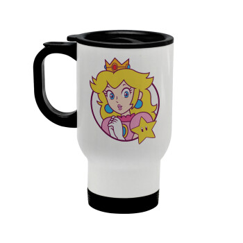Princess Peach, Stainless steel travel mug with lid, double wall white 450ml