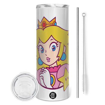 Princess Peach, Tumbler ποτήρι θερμό από ανοξείδωτο ατσάλι 600ml, με μεταλλικό καλαμάκι & βούρτσα καθαρισμού