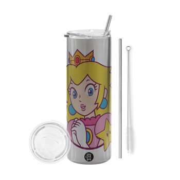 Princess Peach, Eco friendly stainless steel Silver tumbler 600ml, with metal straw & cleaning brush