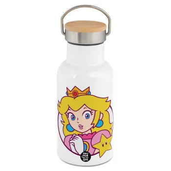 Princess Peach, Metallic thermos (Stainless steel) White with wooden lid (bamboo), double-walled, 350ml