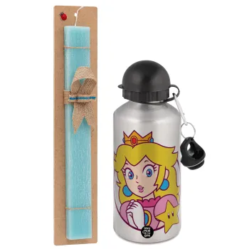 Princess Peach, Easter Set, metallic silver aluminum water bottle (500ml) & scented flat Easter candle (30cm) (TURQUOISE)