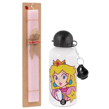 Princess Peach, Πασχαλινή Λαμπάδα με παγούρι μεταλλικό αλουμινίου (500ml) & κερί αρωματικό πλακέ (30cm) (ΡΟΖ)